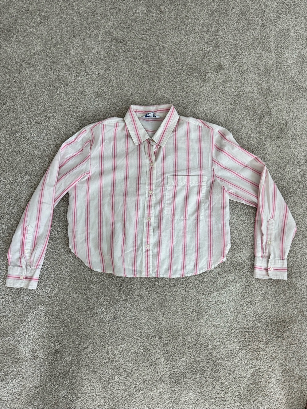 Woman’s M Pink & White Striped Button-Up Cropped Shirt 100% Cotton Casual